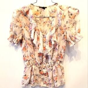 Forever 21 Sheer Ruffle Blouse Floral Poof Sleeve Size M